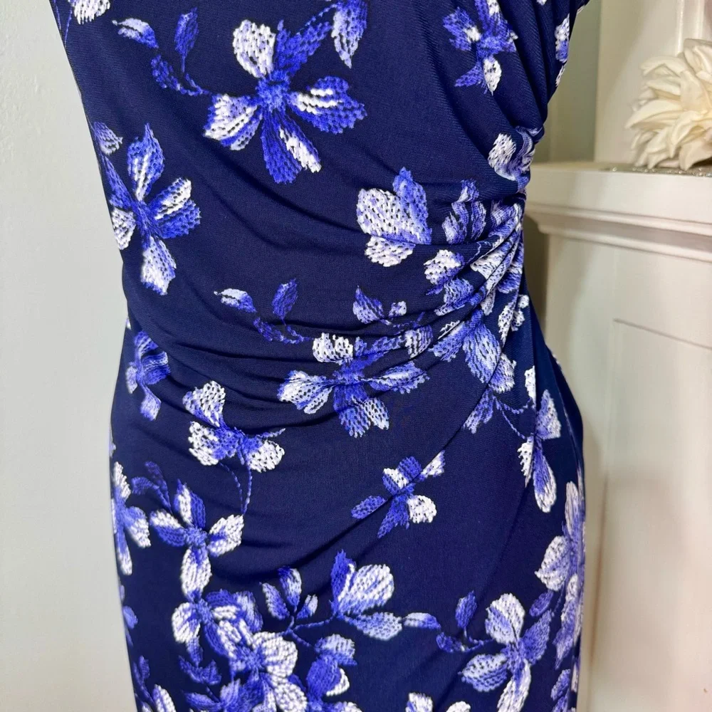 Connected Apparel Blue Floral Ruched Sheath Dress Size 8p - Picture 5 of 11